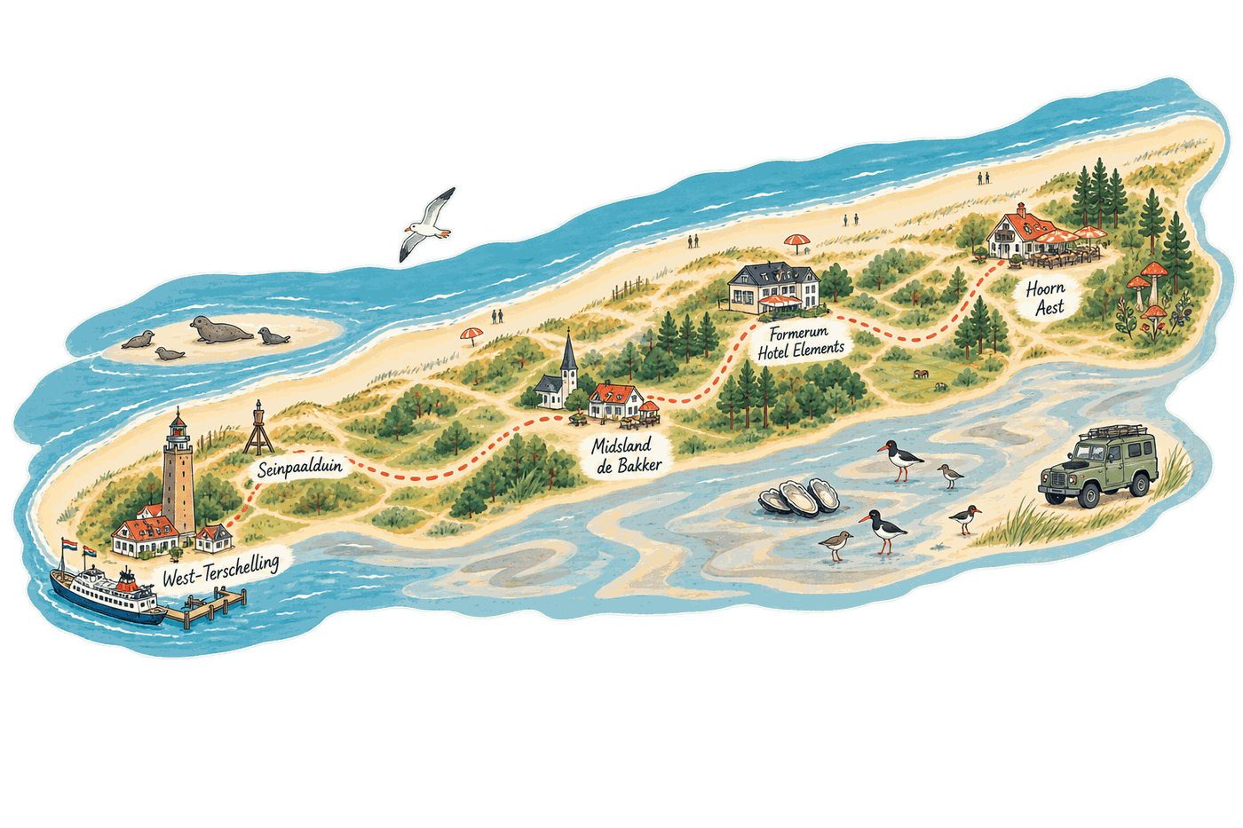 Getekende kaart van Terschelling met de plekken waar we komen: West-Terschelling met de Brandaris en het Seinpaalduin, de bakker in Midsland, Hotel Elements in Formerum, restaurant Aest en het wildplukbos in Hoorn, en het wad met de oesters
